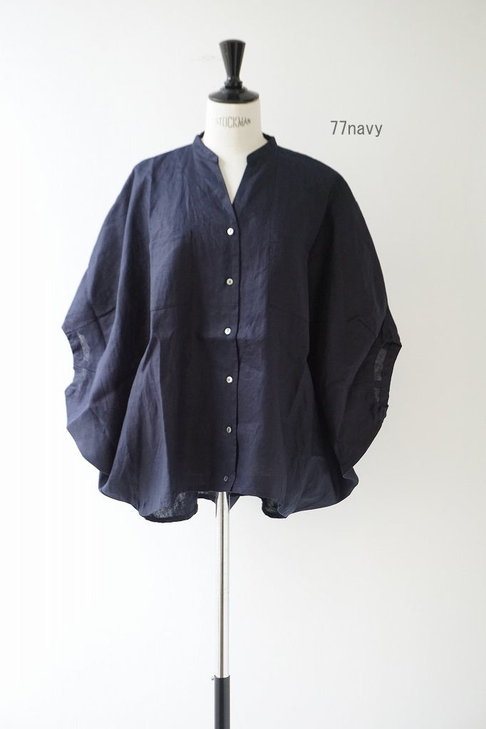 mizuiro ind◆linen stand collar cocoon shirt/FREE/リネン/BLU mizuiro-ind(ミズイロインド)Linen stand collar cocoon shirt